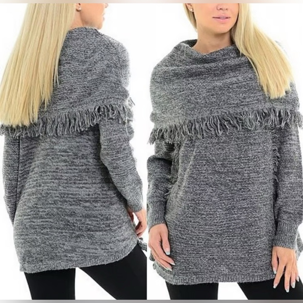 Knox Rose Grey Cowl Neck Fringe Sweater Large
